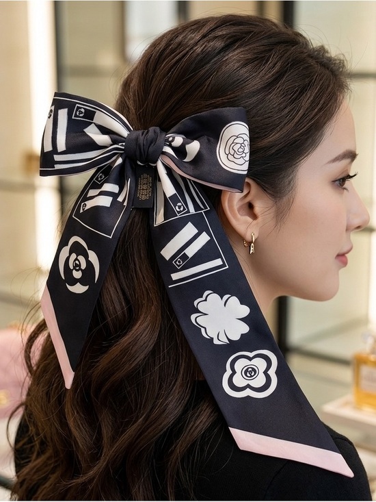 Accessories - 100% Silk Whimsical Monochrome Skinny Scarf / Twilly